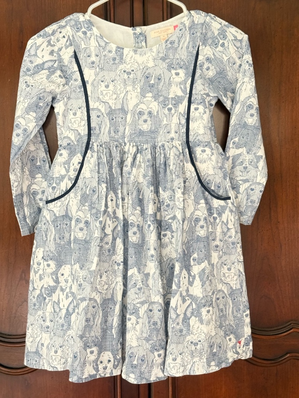 Pink Chicken Girls Dog Print Dress Blue White Long Sleeve Size 7